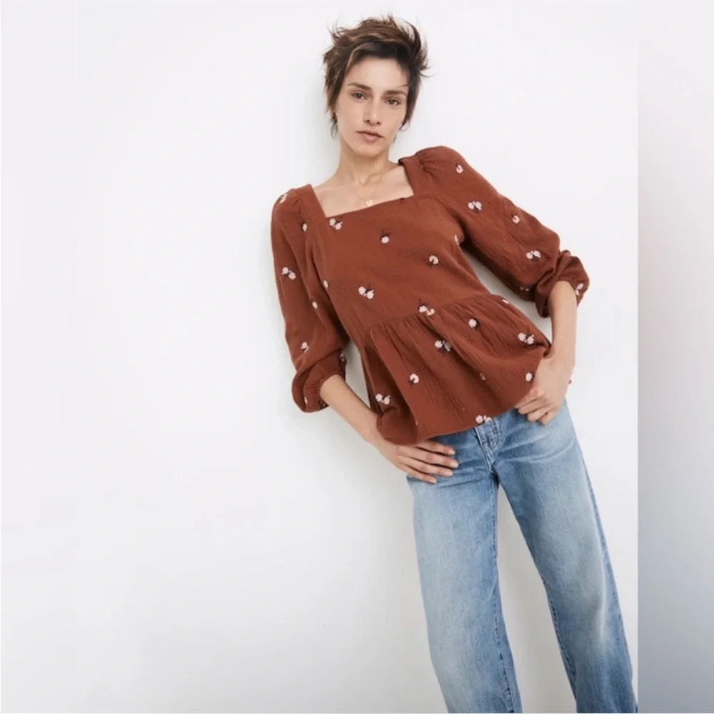 Madewell Amie Floral Embroidered Puff-Sleeve Peplum Top - Size Small